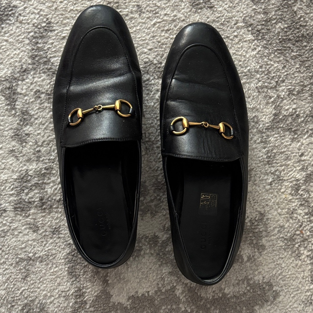 Gucci Brixton Black Leather Loafers with Gold Hardware
